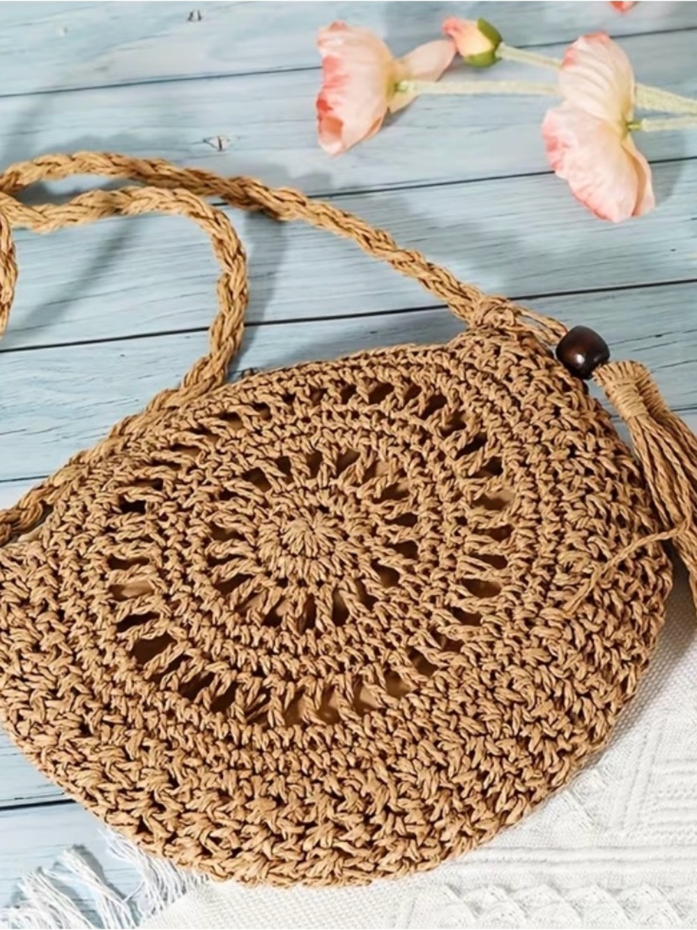 Braided Round Crochet Crossbody Bag - Tan
